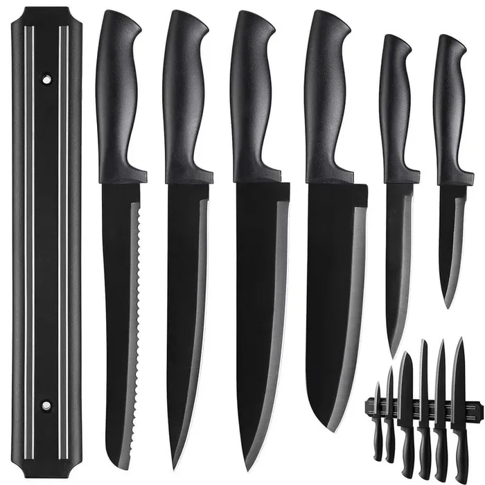 7-Piece Black Stainless Steel Kitchen Knife Set with No Drilling Magnetic Strip for Cutting Meat and Vegetable