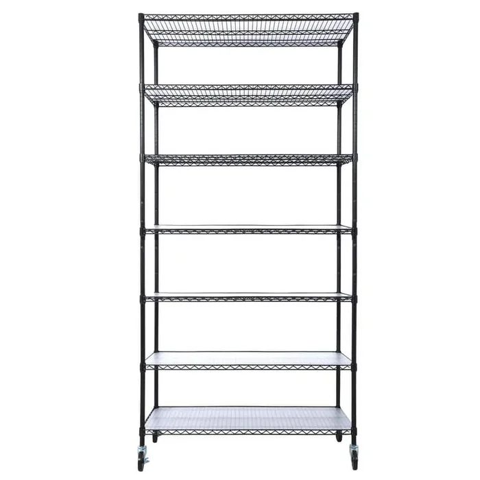 7-Shelf Metal Pantry Organizer Shelf Wire Shelving Unit, Adjustable Storage Rack with Wheels and Shelf Liners, Black