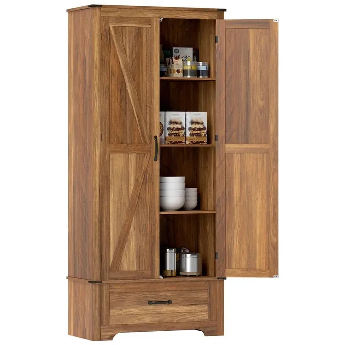 72 in. Farmhouse Pantry Cabinet with Barn Doors, Tall Kitchen Pantry Storage Cabinet with Adjustable Shelves, Brown