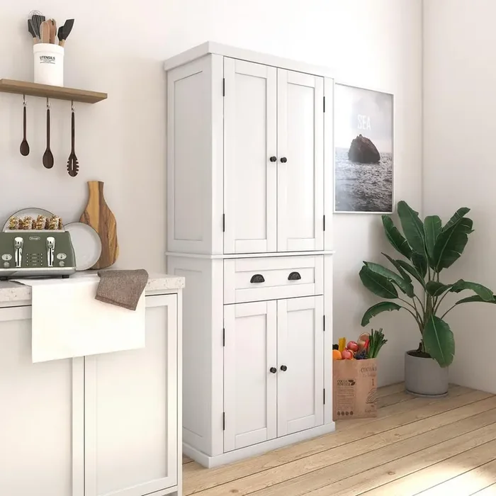 72 in. White Kitchen Pantry Storage Cabinet Freestanding Cupboard w/ 4-Doors and Adjustable Shelves Large Central Drawer