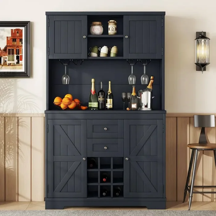 73.8 in. H Farmhouse Coffee Bar Pantry Organizer Buffet in Antique Blue with Sliding Barn Door