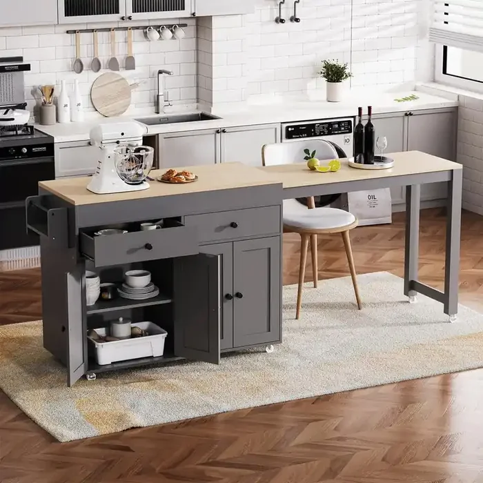 74.5 in. Kitchen Island with Wood Top Extendable Dining Table on Wheels in Gray