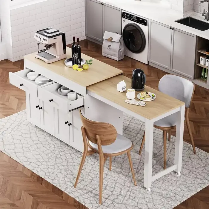74.5 in. Kitchen Island with Wood Top Extendable Dining Table on Wheels in White