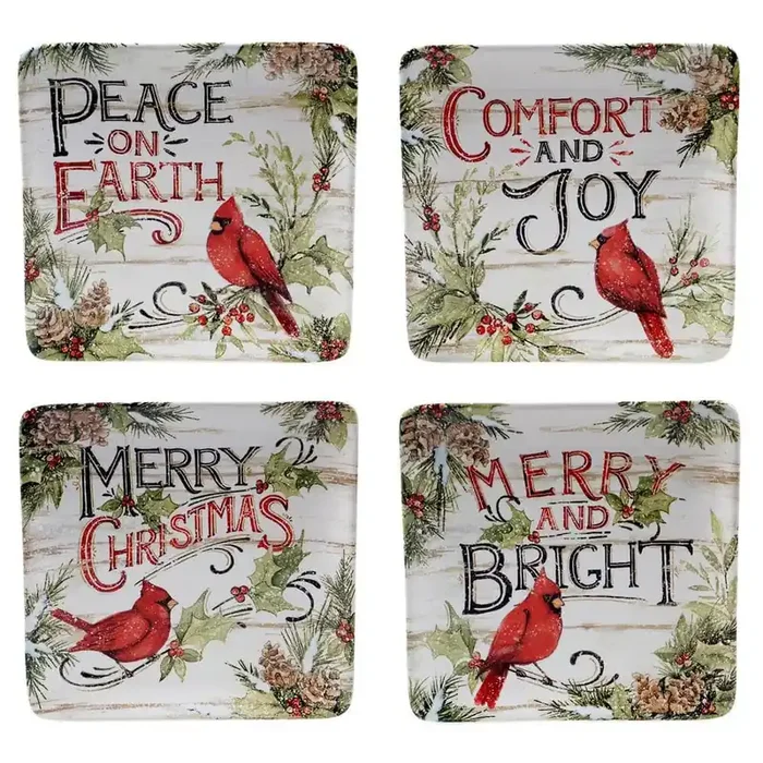 8.5 in. Evergreen Christmas Multicolored Earthenware Dessert Plate (Set of 4)