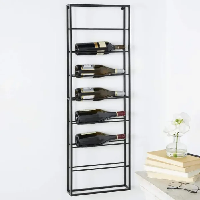 8- Bottle Black Minimalistic Wall Wine Rack with Open Style Frame