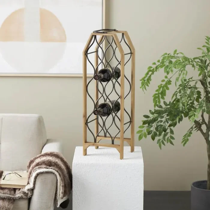 8- Bottle Brown Tall Wine Rack with Gray Metal Curved Teardrop Holders