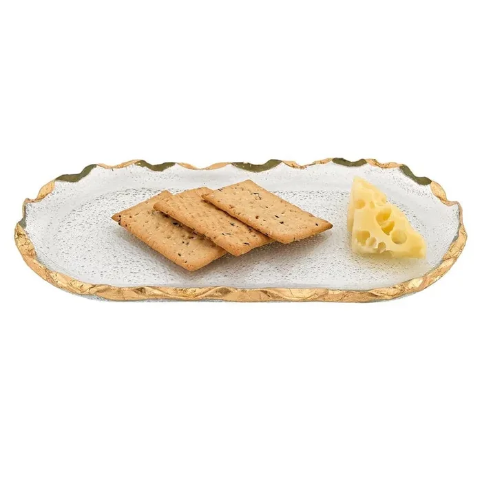 8 in. x 14 in. Gold Hand Decorated Leaf Chiseled Edge Oval Glass Platter