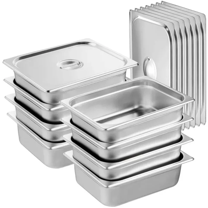 8-Pack Hotel Pans, 6.6 qt. Anti-Jam Steam Pan with Lid, 4 in. Deep 0.8 mm Thick Stainless Steel Steam Table Roasting Pan
