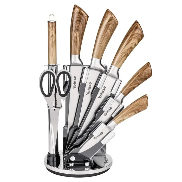 8-Piece Brown Acrylic Handle Stainless Steel Knife Set with Knife Block