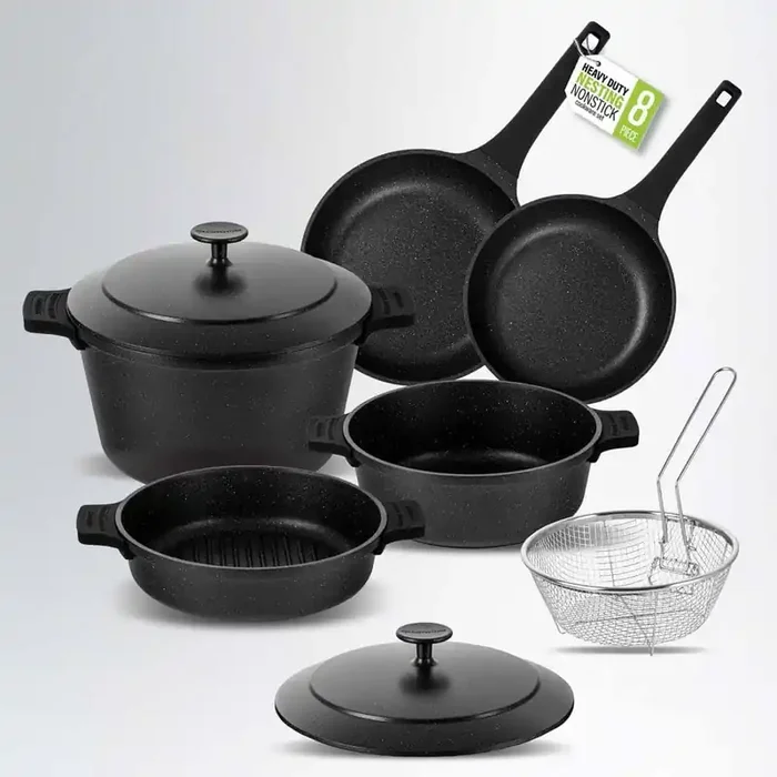 8-Piece Cast Aluminum Heavy Duty Nesting Nonstick Cookware Set with Silicone Handle Covers