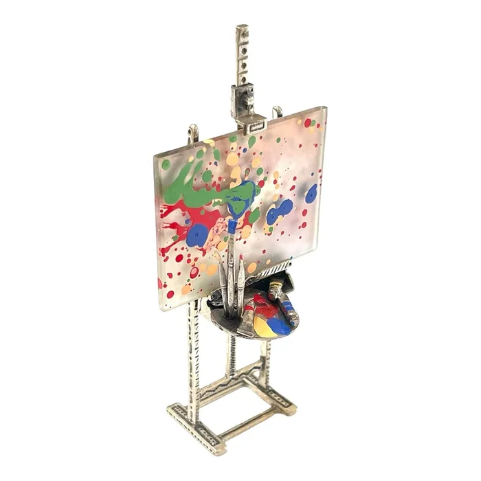 .800 Silver Miniature Artist Easel & Modern Painting Trompe l’oeil Sculpture