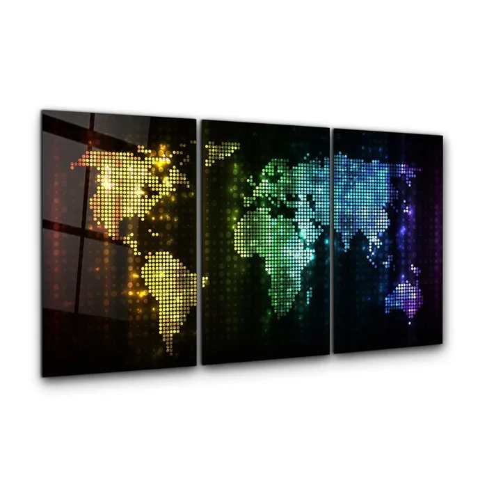 ・”World Map Dot Design – Trio”・Glass Wall Art