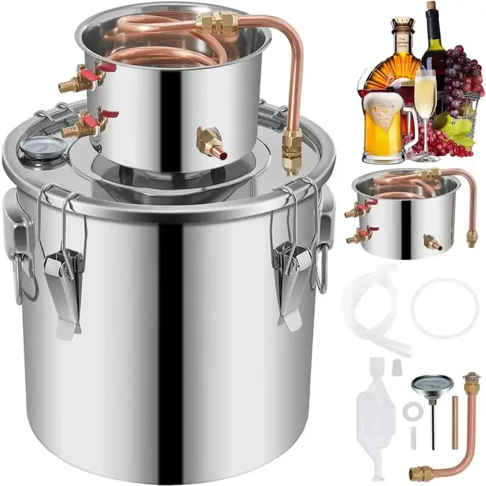9.6 gal. (38 L) Stainless Steel Moonshine Still, Copper Tube Alcohol Distiller with Built-in Thermometer for DIY, Silver