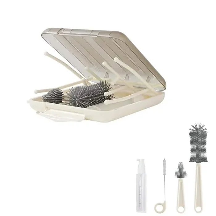 9.8 in. Bottle Cleaner Brush Kit with Silicone Brushes Drying Rack Soap Dispenser Storage Box Portable 6-Pack