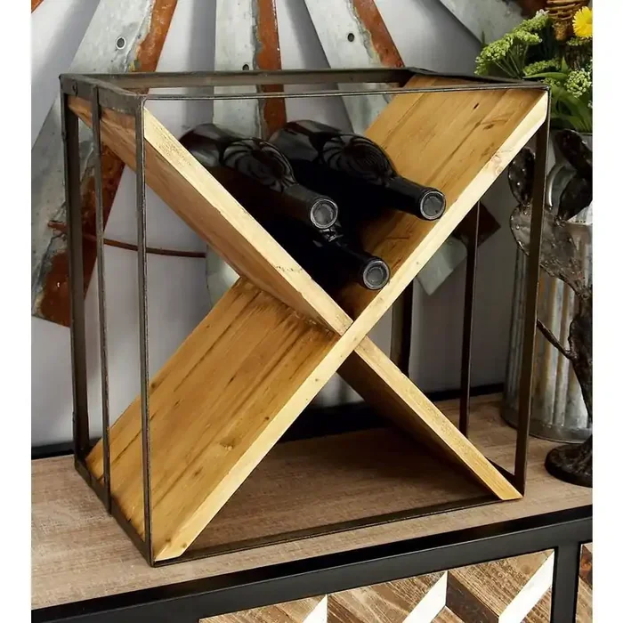 9-Bottle Black Metal and Brown Wood Wine Rack