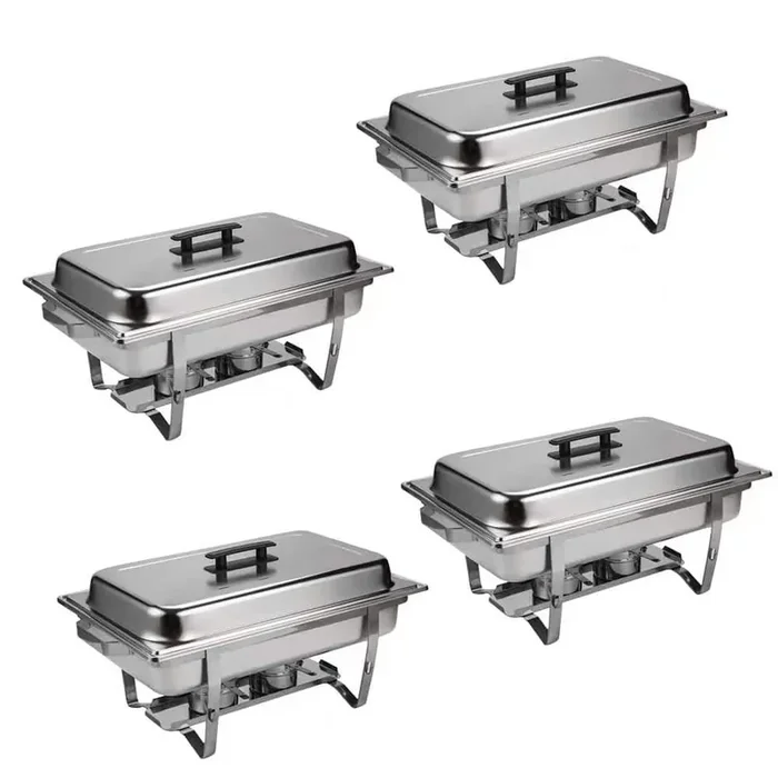 9 Qt., Grip Foldable Frame Silver Rectangular Full Size Stainless Steel Buffet Plates for Parties, Restaurants 4-Piece