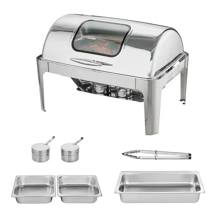 9 Qt. Roll Top Chafing Dish Buffet Set, Stainless Steel Chafer, 2 Half-Size Pans, Visible Lid, Water Pan and Fuel Holder