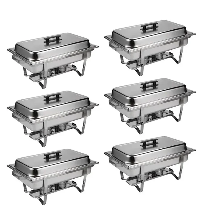 9QT with Grip Foldable Frame Silver Rectangular Full Size Stainless Steel Buffet Plates for Parties, Restaurants – 6pc