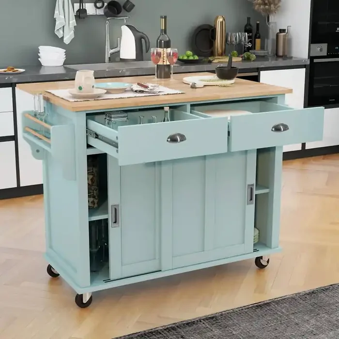 A Mint Green Kitchen Cart with a Sliding Storage Cabinet