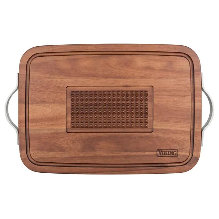 Acacia Rectangular 20 x 14 in. Carving Board with Juice Well and Metal Handles