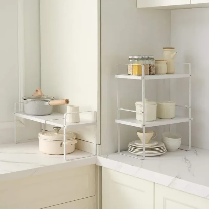 Adjustable Kitchen Cabinet Shelf Organizer, Expandable 2-Tier Cabinet Shelf, Stackable Countertop Organizers, White