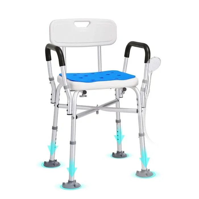 Adjustable Shower Chair with Padded Arms Reinforced CrossBar Height-Adjustable Bath Stool Non-Electric Waterless Toilet