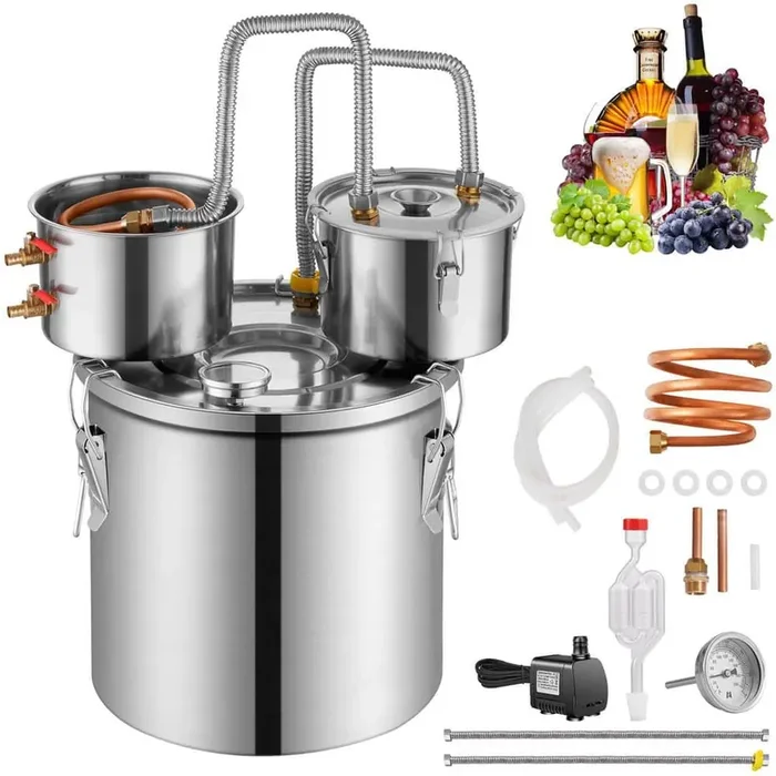 Alcohol Still, 30 L / 8 Gal. Stainless Steel with Copper Coil, Dual Condenser Kit for Wine Whisky Brandy, Silver
