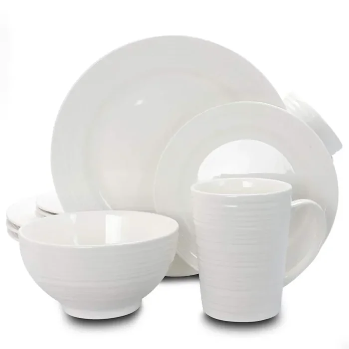 Amelia Court 16 Piece Ceramic Dinnerware Set in White Embossed