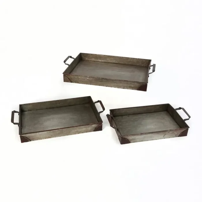 Antique Gray Metal Trays (Set of 3)