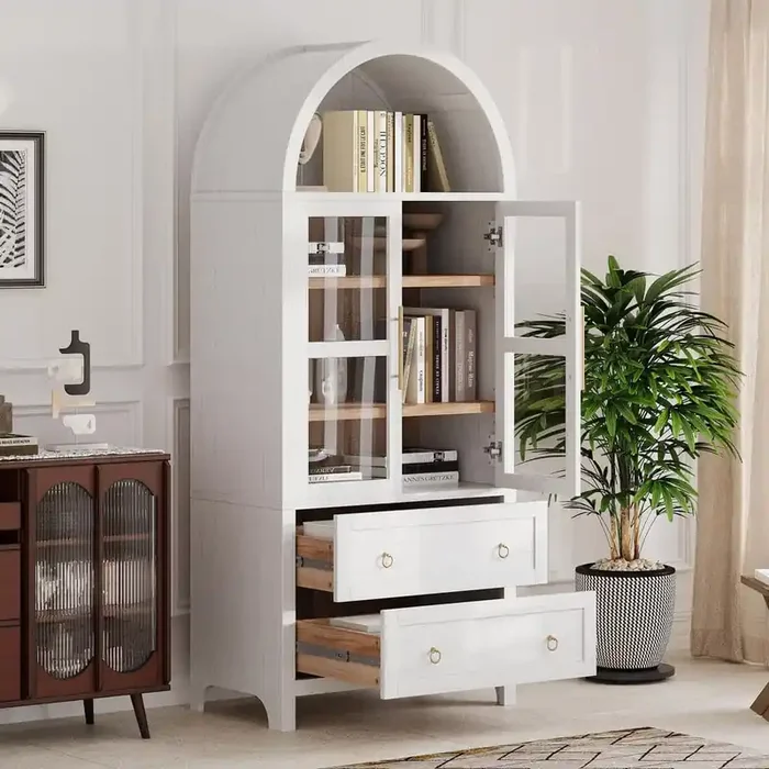 Antique White Wood 30 in. Kitchen Island Arched Kitchen Pantry Cabinet with Adjustable Shelves and 2-Large Drawers