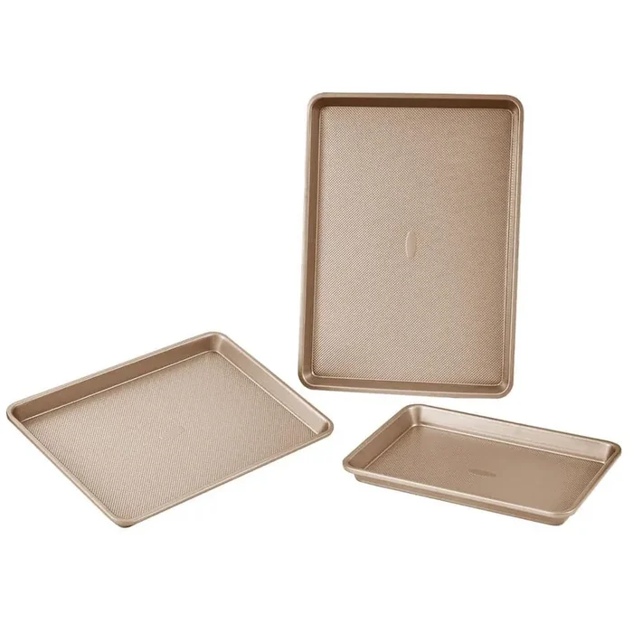 Bakeware Set, 3 Piece, Gold Carbon Steel Cookware Set, Oven Safe, Nonstick, Easy Clean, for Muffins, Cakes, Stackable