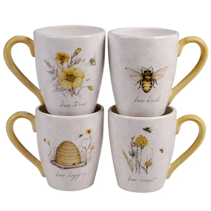 Bee Sweet 4-Piece Seasonal Multicolored Earthenware 22 oz. Mug Set (Service for 4)