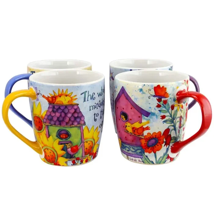 Birdhouse Floral Assorted Designs 18 oz. Cup (Set of 4)