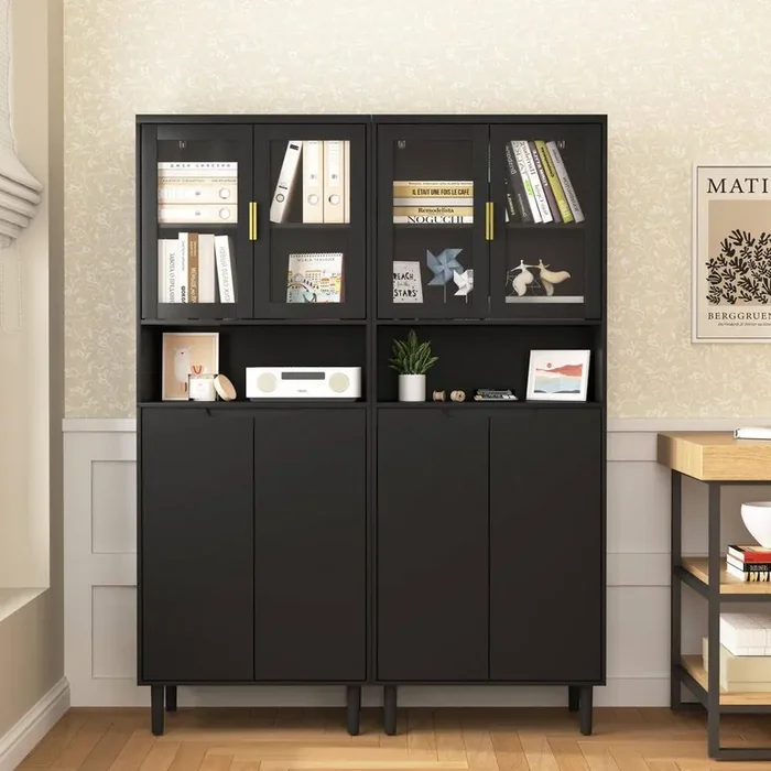 Black 63 in. Accent Storage Cabinet with Adjustable Shelves and Glass Door Tall Storage Bookcase 4-Door Display Cabinet