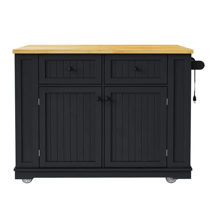 Black MDF Kitchen Cart with Drop Leaf, Power Outlet, Internal Storage Rack, 5 Open Side Racks and 5 Wheels