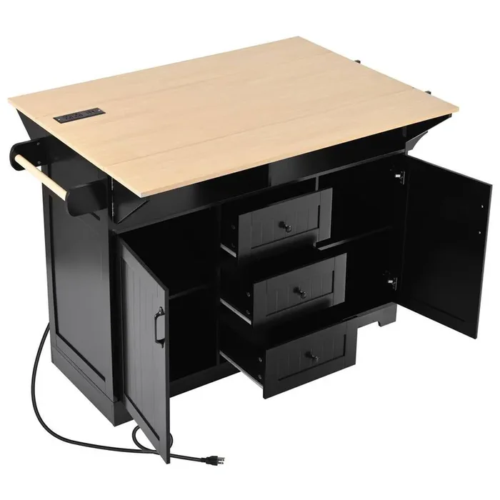 Black MDF Kitchen Cart with Drop Leaf, Wheels, Power Outlet, Spice and Towel Rack,-Drawers