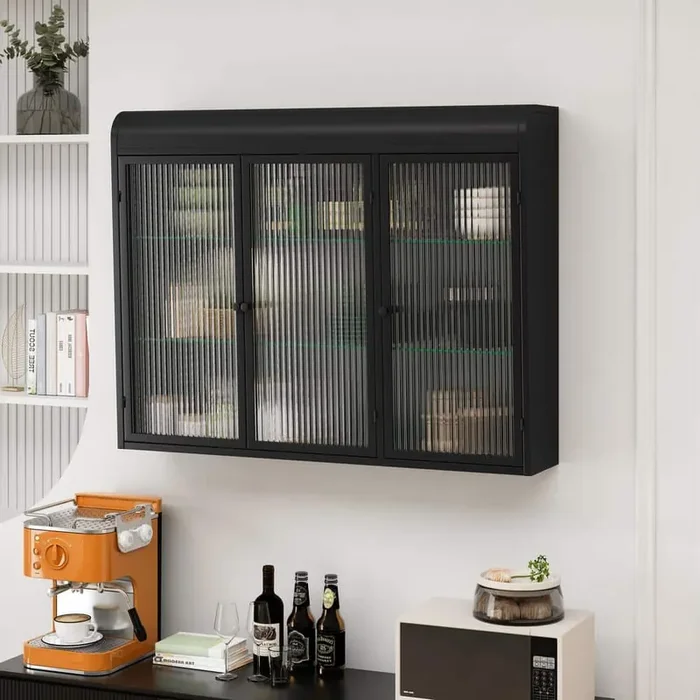 Black Metal Pantry Organizer with 3 Glass Doors Arched Wall Mounted Storage Cabinets with 2 Shelves Bathroom Cabinet