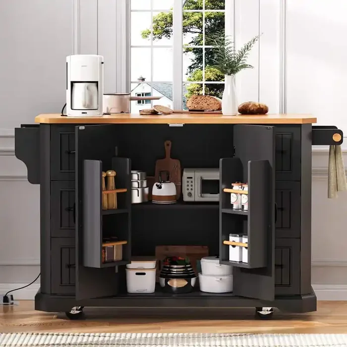 Black Rubber Wood 55.5 in. Kitchen Island with Veneer Drop Leaf, Power Outlet, 4-Door Shelves