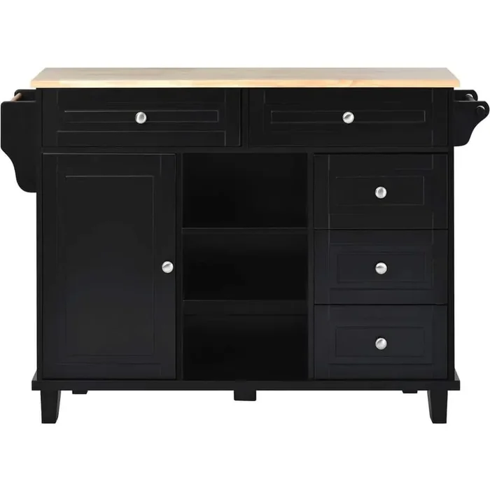 Black Rubber Wood MDF Kitchen Cart with Adjustable Shelf and Spice Rack