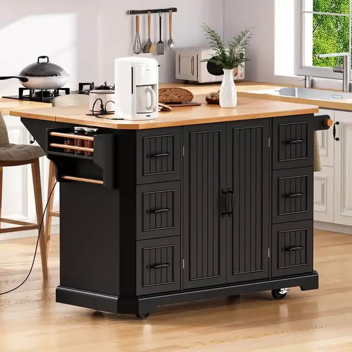Black Rubber Wood Veneer 56 in.Kitchen Island with Drop Leaf, Power Outlet, 2 Door Shelves, 4 Wheels with 6 Deep Drawers