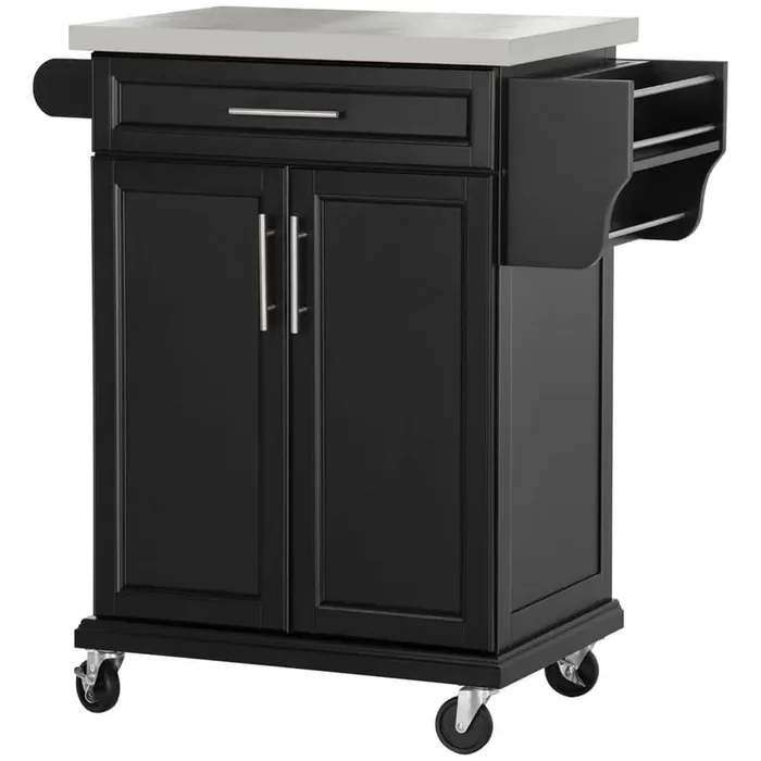 Black Wood 33 in. Kitchen Island with Stainless Steel Countertop, Drawer, Towel Rack and Spice Rack