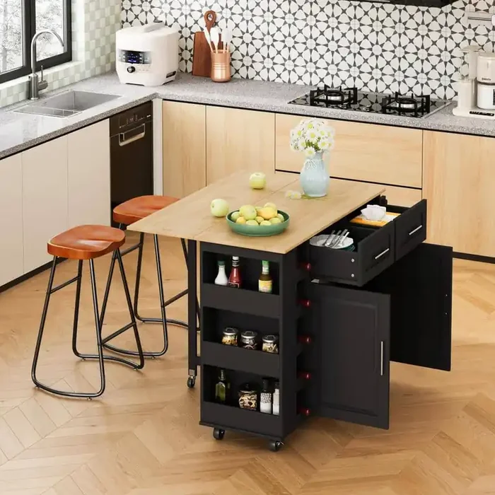 Black Wood 46 in. Kitchen Island with Storage Mobile Serving Cart with 2 Door and 2 Drawers Rolling Storage Cabinet
