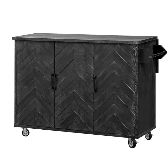 Black Wood 51.2 in. Kitchen Island with Drop Leaf Rolling Kitchen Island Storage Cart w/Spice Rack and Towel Rack
