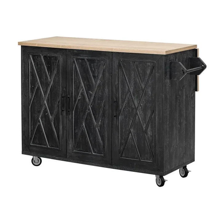 Black Wood 51.2 in. Rolling Kitchen Island with Drop Leaf, Internal Storage Rack, Towel Rack and 4 Wheels