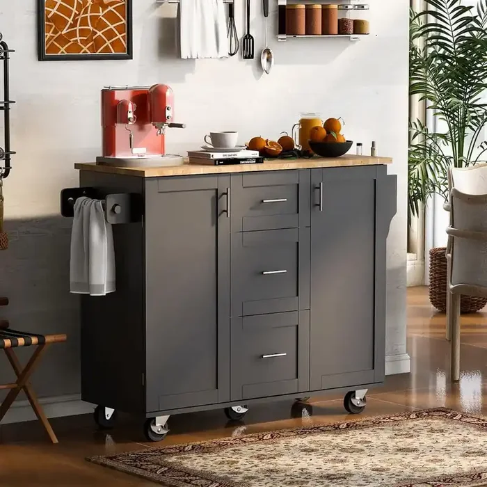 Black Wood 51 in. Kitchen Island with 3-Drawer, 2 Slide-Out Shelf, towel rack, spice rack, adjustable shelf, wood feet