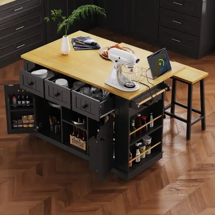 Black Wood 53 in. Kitchen Island with Drop Leaf, Power Outlet, and 3 Drawers