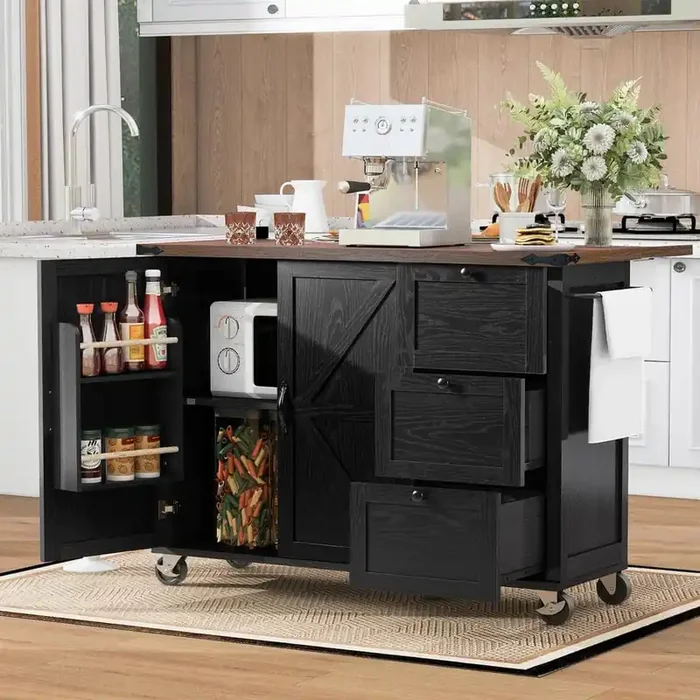 Black Wood 54.50 in. Kitchen Island with Drawer Drop Leaf, Power Outlet, Lockable Wheel, Spice Rack, Towel Rack, Cabinet