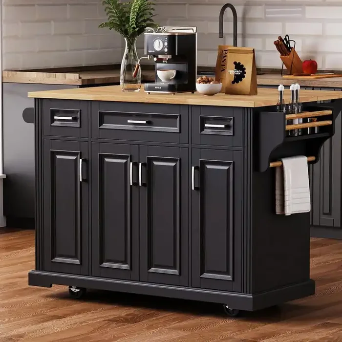 Black Wood 54 in. Large Kitchen Island with Rubber Wood Drop Leaf Rolling Kitchen Cart on 4 Wheels with 4 Doors 3 Drawer