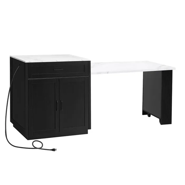 Black Wood 82.7 in. Kitchen Island with Extendable Dining Table, Power Outlet, 2 Drawers and 2 Open Shelves