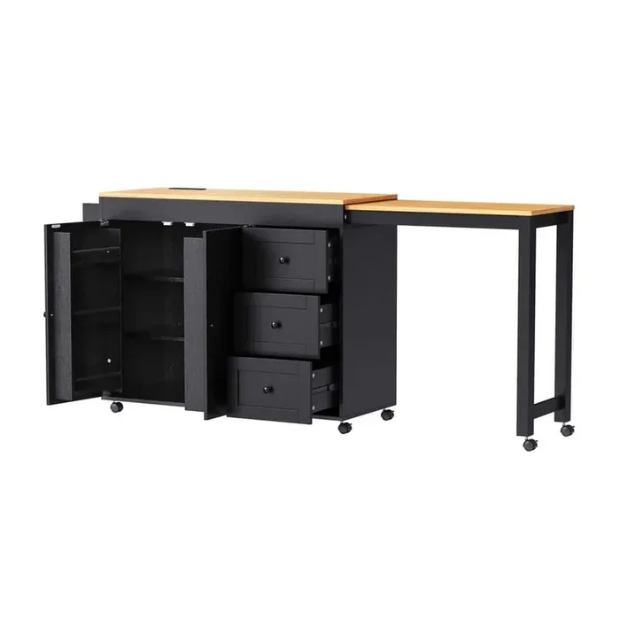 Black Wood Kitchen Cart with Extendable Dining Table, Power Outlet, 3-Drawers, and 2-Door Cabinet